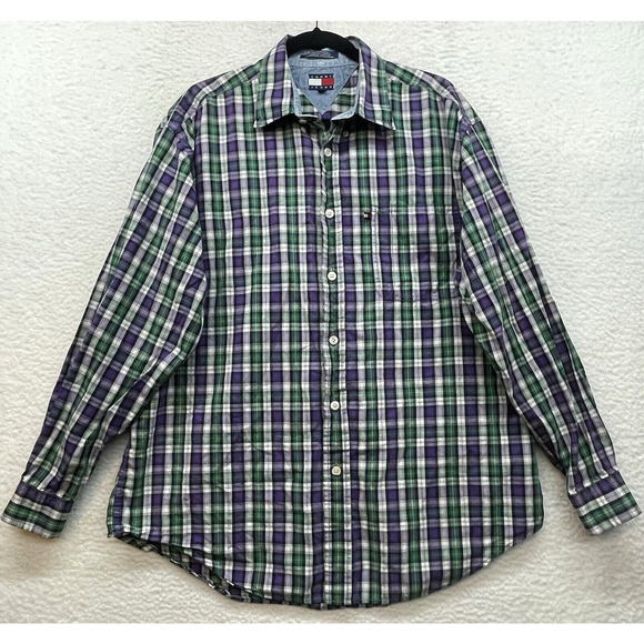 Vintage Tommy Jeans Shirt Mens Large Purple Green Tartan Plaid Button Down Logo - Picture 1 of 12